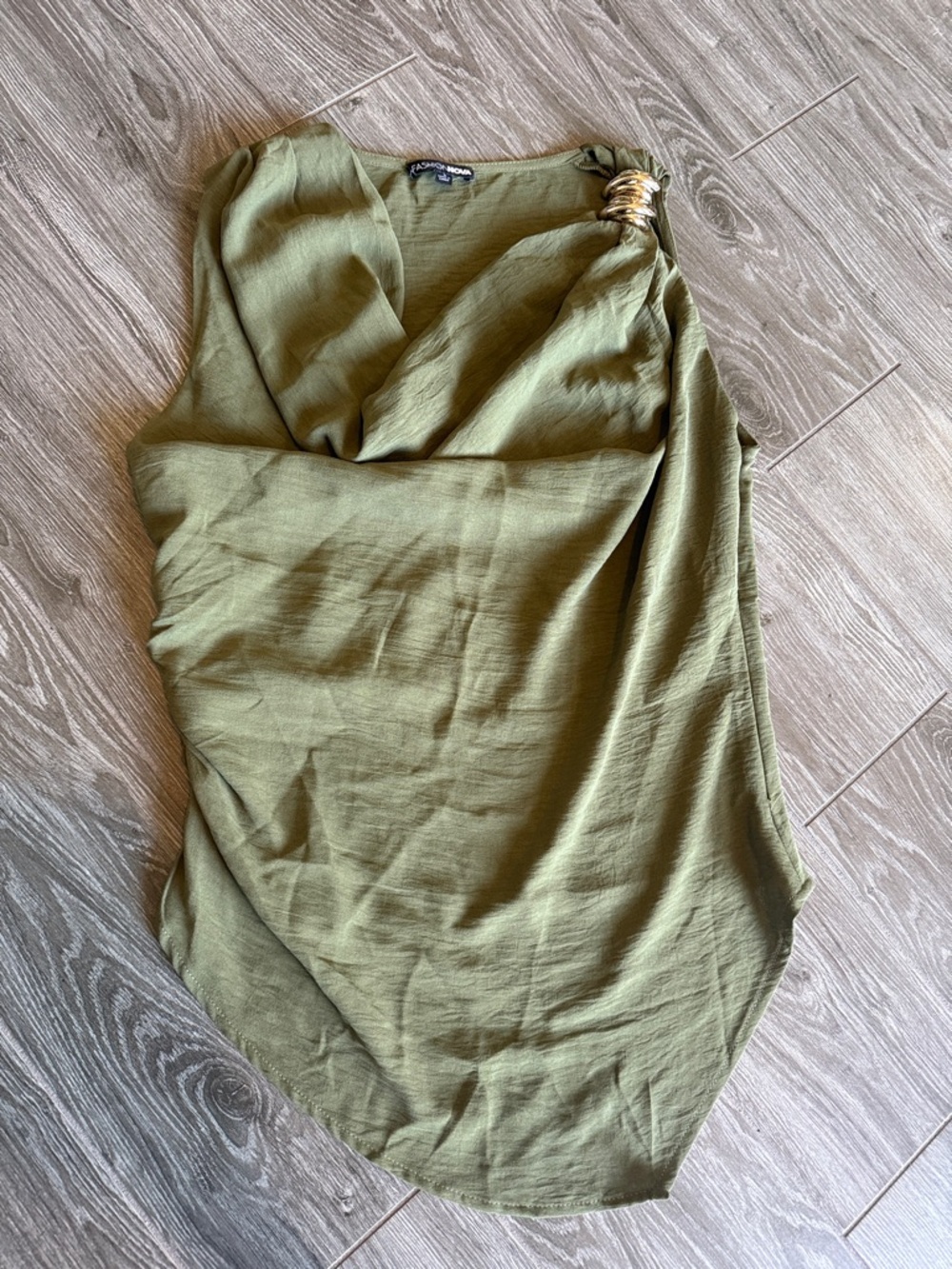 Olive Green Draped One-Shoulder Top with Decorative Ring large